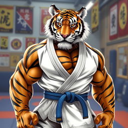An anthropomorphic hypermuscular tiger wearing traditional Brazilian Jiu-Jitsu attire, including a white gi and a blue belt