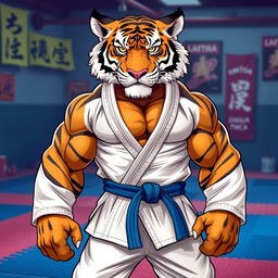 An anthropomorphic hypermuscular tiger wearing traditional Brazilian Jiu-Jitsu attire, including a white gi and a blue belt
