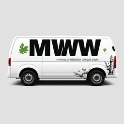 A branding design for a white cargo van, featuring the letters 'MWW' in a clear and visible font, representing an arborist service company