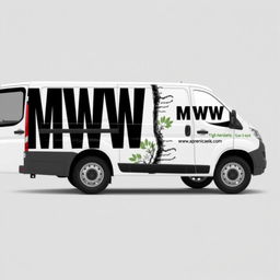 A branding design for a white cargo van, featuring the letters 'MWW' in a clear and visible font, representing an arborist service company