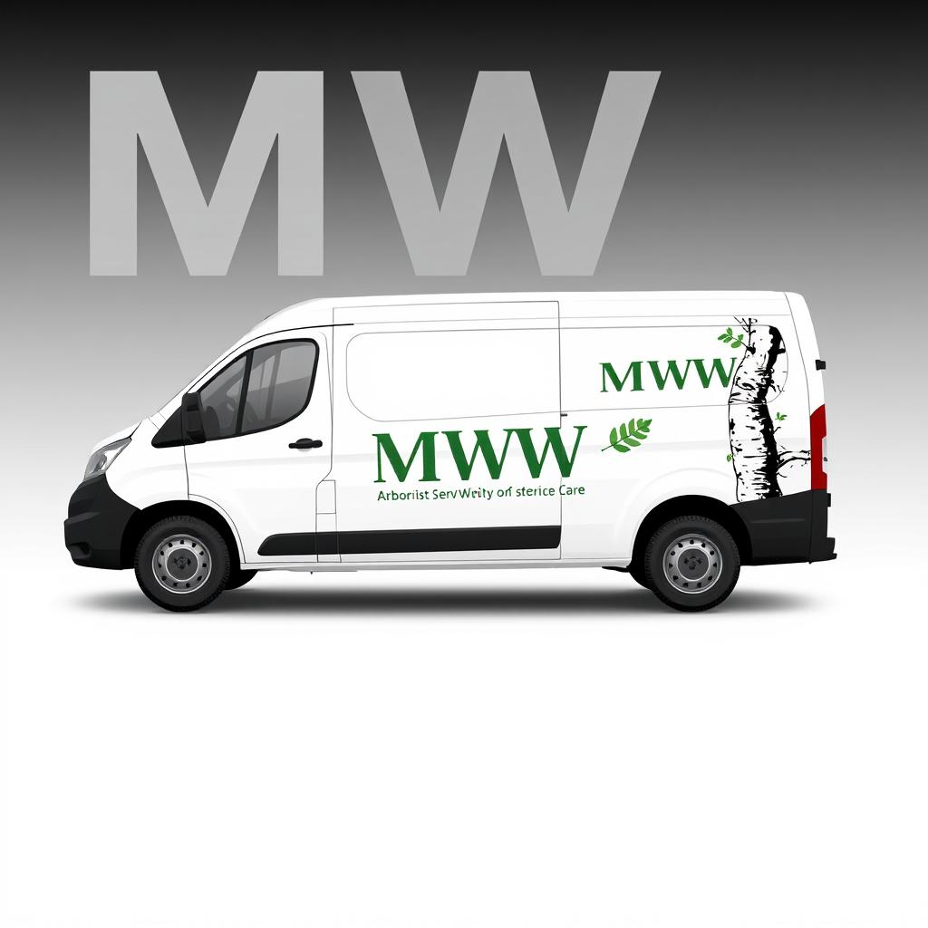 A branding design for a white cargo van, featuring the letters 'MWW' in a clear and visible font, representing an arborist service company