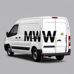 A branding design for a white cargo van, featuring the letters 'MWW' in a clear and visible font, representing an arborist service company