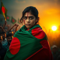 A young woman draped in the Bangladeshi flag, her forehead bleeding, embodying a sense of strength and resilience as she stands defensively