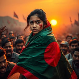 A young woman draped in the Bangladeshi flag, her forehead bleeding, embodying a sense of strength and resilience as she stands defensively