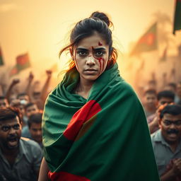 A young woman draped in the Bangladeshi flag, her forehead bleeding, embodying a sense of strength and resilience as she stands defensively