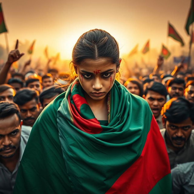 A young woman draped in the Bangladeshi flag, her forehead bleeding, embodying a sense of strength and resilience as she stands defensively