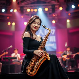 A beautiful Korean woman gracefully posing and captivatingly sitting on a stage, holding a saxophone while facing the camera with a gentle smile