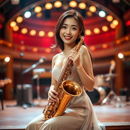 A beautiful Korean woman gracefully posing and captivatingly sitting on a stage, holding a saxophone while facing the camera with a gentle smile