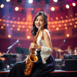 A beautiful Korean woman gracefully posing and captivatingly sitting on a stage, holding a saxophone while facing the camera with a gentle smile