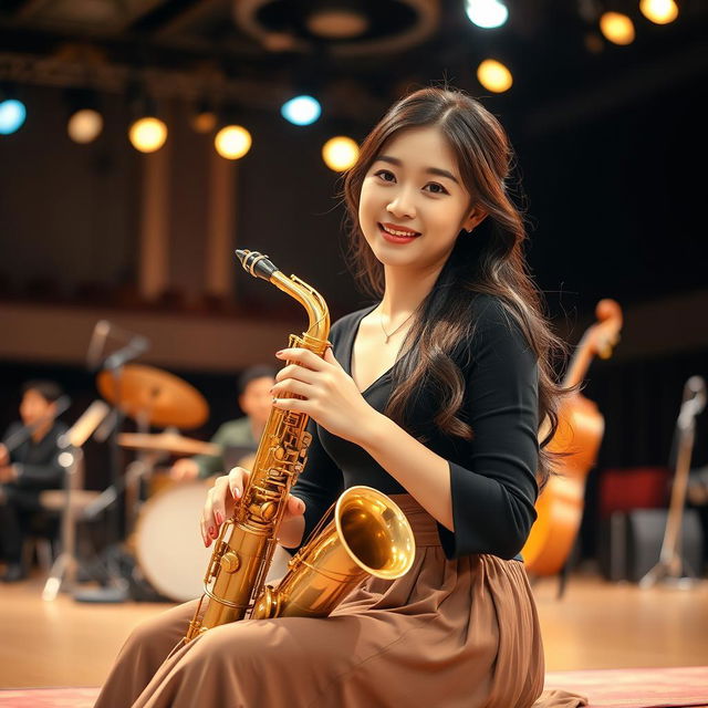 A beautiful Korean woman gracefully posing and captivatingly sitting on a stage, holding a saxophone while facing the camera with a gentle smile