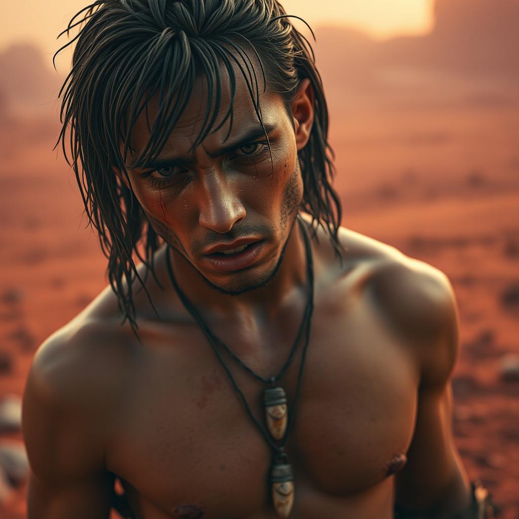 A captivating image of a captured, hopeless, crying crusader jock wearing revealing and torn clothing, set against a hostile, barren landscape of a red planet