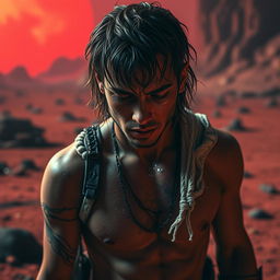 A captivating image of a captured, hopeless, crying crusader jock wearing revealing and torn clothing, set against a hostile, barren landscape of a red planet