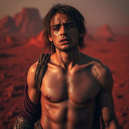 A captivating image of a captured, hopeless, crying crusader jock wearing revealing and torn clothing, set against a hostile, barren landscape of a red planet
