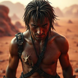 A captivating image of a captured, hopeless, crying crusader jock wearing revealing and torn clothing, set against a hostile, barren landscape of a red planet