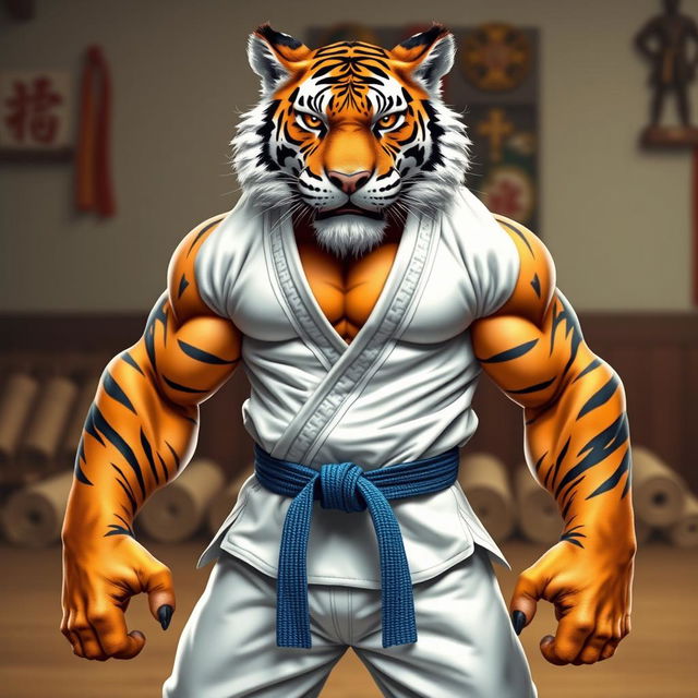 An anthropomorphic hypermuscular tiger clad in Brazilian Jiu-Jitsu attire, featuring a crisp white gi and a blue belt tied securely around its waist