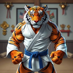 An anthropomorphic hypermuscular tiger clad in Brazilian Jiu-Jitsu attire, featuring a crisp white gi and a blue belt tied securely around its waist