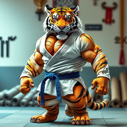 An anthropomorphic hypermuscular tiger clad in Brazilian Jiu-Jitsu attire, featuring a crisp white gi and a blue belt tied securely around its waist
