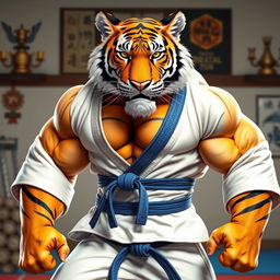 An anthropomorphic hypermuscular tiger clad in Brazilian Jiu-Jitsu attire, featuring a crisp white gi and a blue belt tied securely around its waist