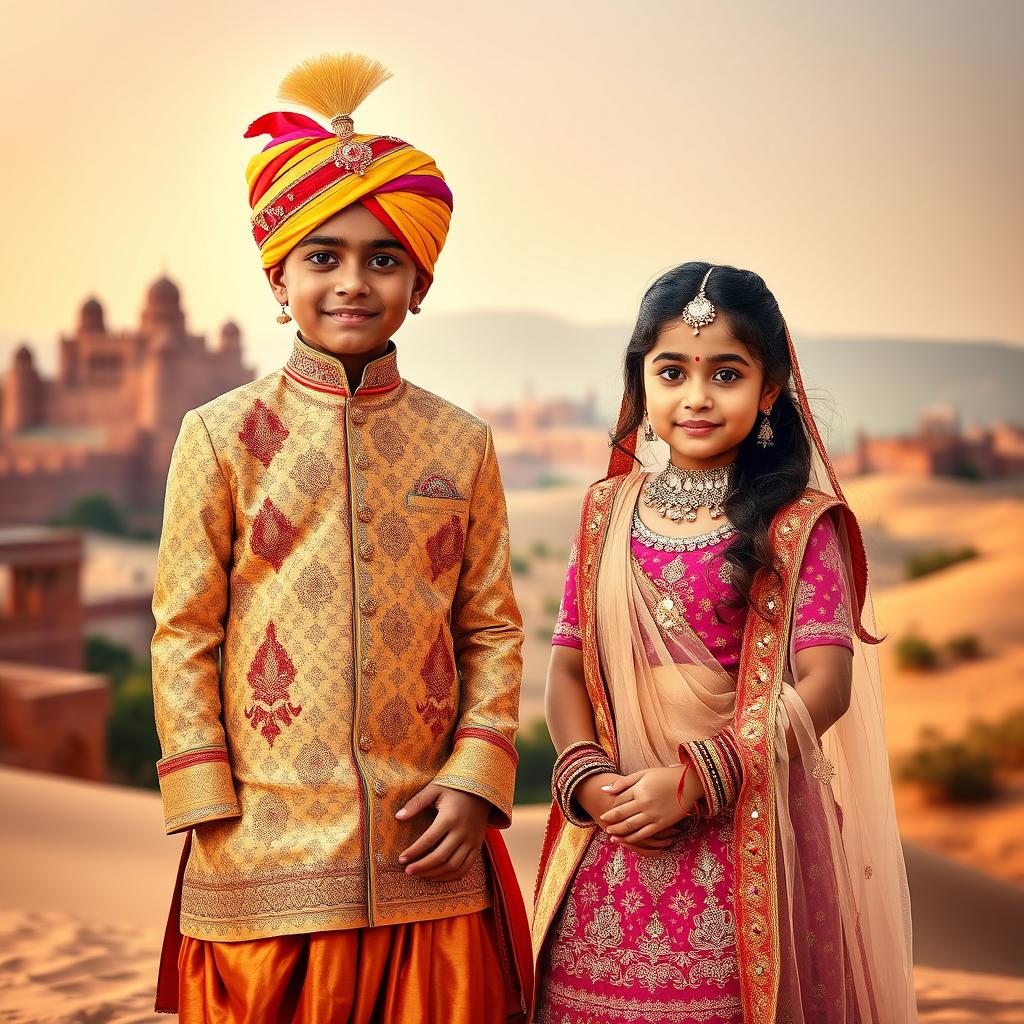 A captivating scene featuring a boy and a girl dressed in traditional Rajputi attire