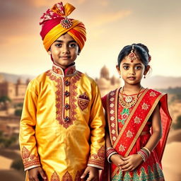 A captivating scene featuring a boy and a girl dressed in traditional Rajputi attire