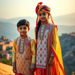 A captivating scene featuring a boy and a girl dressed in traditional Rajputi attire
