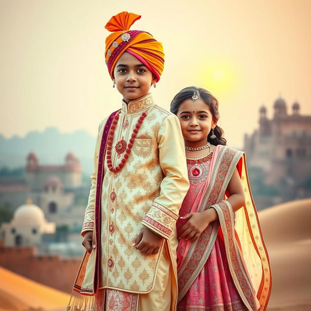 A captivating scene featuring a boy and a girl dressed in traditional Rajputi attire