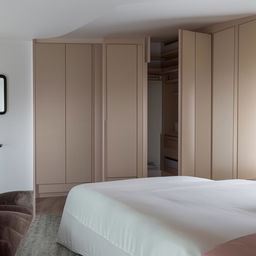 Modern bedroom featuring a comfortable bed, stylish wardrobes and a wall-mounted TV.