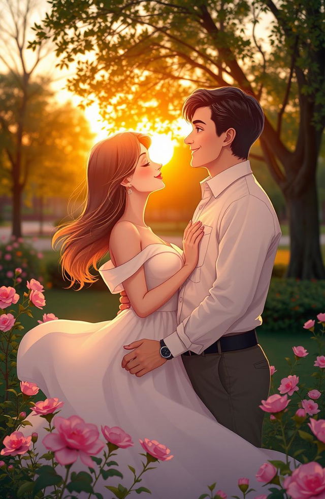 A romantic scene featuring a couple in a serene park during golden hour, the sun setting in the background, casting a warm glow