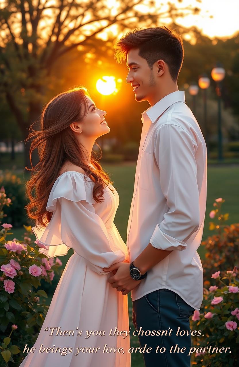 A romantic scene featuring a couple in a serene park during golden hour, the sun setting in the background, casting a warm glow