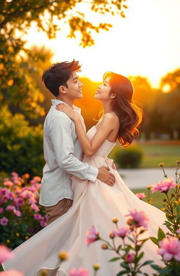 A romantic scene featuring a couple in a serene park during golden hour, the sun setting in the background, casting a warm glow