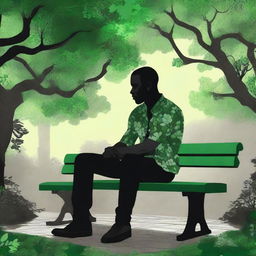 An evocative digital art piece portraying a heartbroken black man sitting alone on a bench in a park