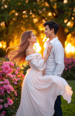 A romantic scene featuring a couple in a serene park during golden hour, the sun setting in the background, casting a warm glow