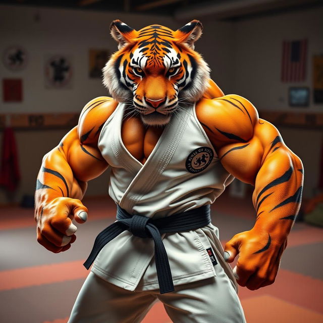 An anthropomorphic hypermuscular tiger wearing Brazilian Jiu-Jitsu gi, showcasing incredibly defined muscles, striking a powerful pose