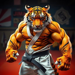 An anthropomorphic hypermuscular tiger wearing Brazilian Jiu-Jitsu gi, showcasing incredibly defined muscles, striking a powerful pose