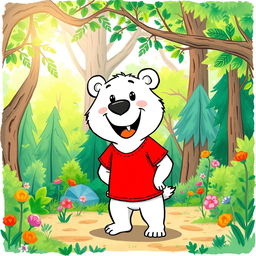 A hand-drawn style illustration of a cartoon character named Sniper the Bear, who is white, wearing a vibrant red T-shirt