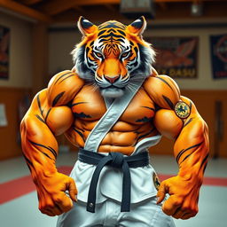 An anthropomorphic hypermuscular tiger wearing Brazilian Jiu-Jitsu gi, showcasing incredibly defined muscles, striking a powerful pose