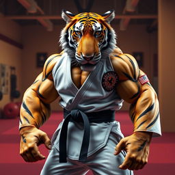 An anthropomorphic hypermuscular tiger wearing Brazilian Jiu-Jitsu gi, showcasing incredibly defined muscles, striking a powerful pose