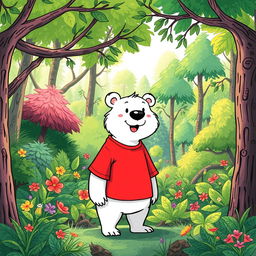 A hand-drawn style illustration of a cartoon character named Sniper the Bear, who is white, wearing a vibrant red T-shirt