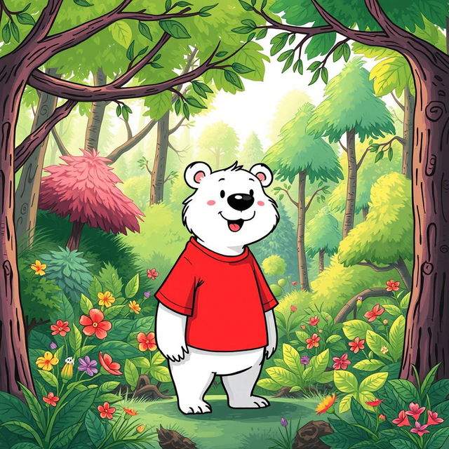 A hand-drawn style illustration of a cartoon character named Sniper the Bear, who is white, wearing a vibrant red T-shirt
