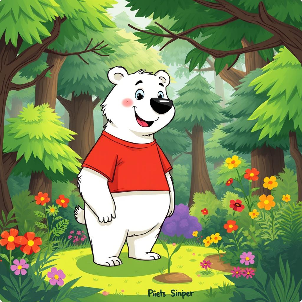 A hand-drawn style illustration of a cartoon character named Sniper the Bear, who is white, wearing a vibrant red T-shirt