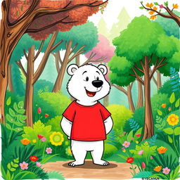 A hand-drawn style illustration of a cartoon character named Sniper the Bear, who is white, wearing a vibrant red T-shirt
