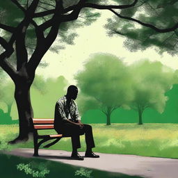 An evocative digital art piece portraying a heartbroken black man sitting alone on a bench in a park