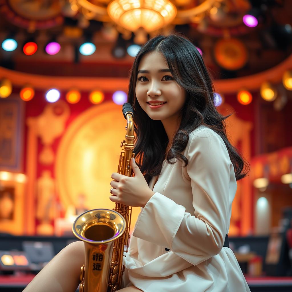 A beautiful Korean woman gracefully poses while sitting on a stage, holding a saxophone and facing the camera with a gentle smile