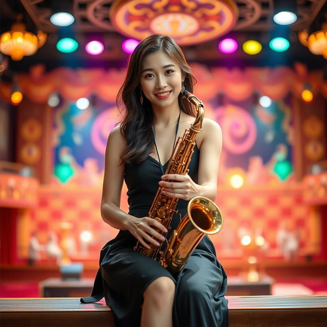 A beautiful Korean woman gracefully poses while sitting on a stage, holding a saxophone and facing the camera with a gentle smile