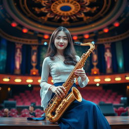 A beautiful Korean woman gracefully poses while sitting on a stage, holding a saxophone and facing the camera with a gentle smile