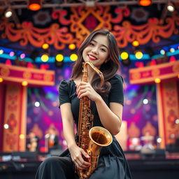 A beautiful Korean woman gracefully poses while sitting on a stage, holding a saxophone and facing the camera with a gentle smile