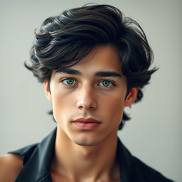A 19-year-old young man with wavy black hair that reaches just below his ears, striking green eyes, and a small mole located just beneath his left eye
