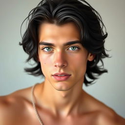 A 19-year-old young man with wavy black hair that reaches just below his ears, striking green eyes, and a small mole located just beneath his left eye
