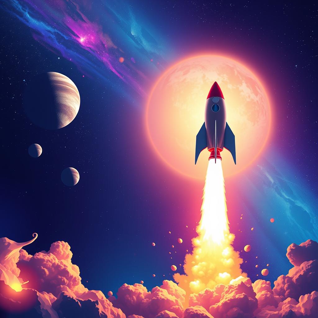 A vibrant digital art poster depicting a rocket launch into space