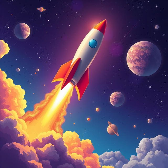 A vibrant digital art poster depicting a rocket launch into space